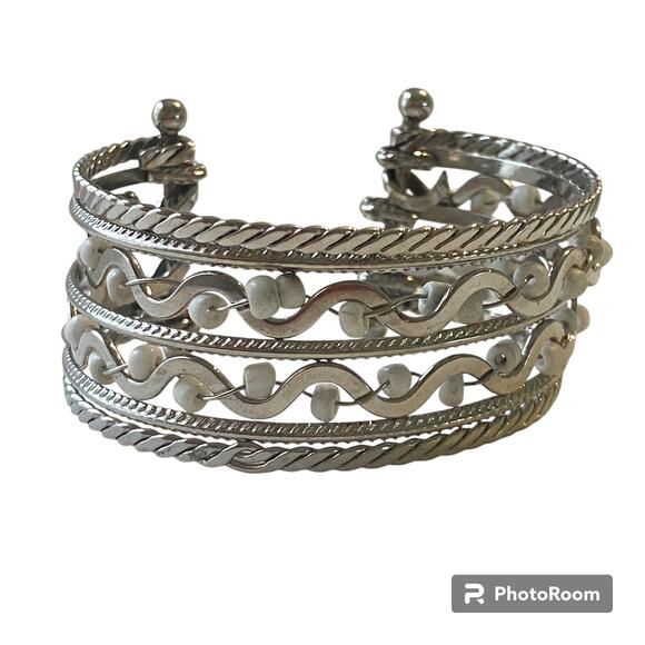 Boho Costume Bracelet Tribal Metal Cuff Beaded Detail Silver Tone Fashionable - Picture 1 of 5